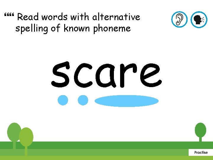  Read words with alternative spelling of known phoneme scare 