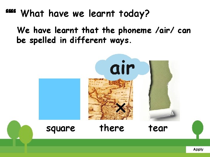  What have we learnt today? We have learnt that the phoneme /air/ can