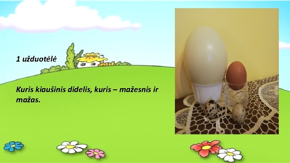 1 užduotėlė Kuris kiaušinis didelis, kuris – mažesnis ir mažas. 