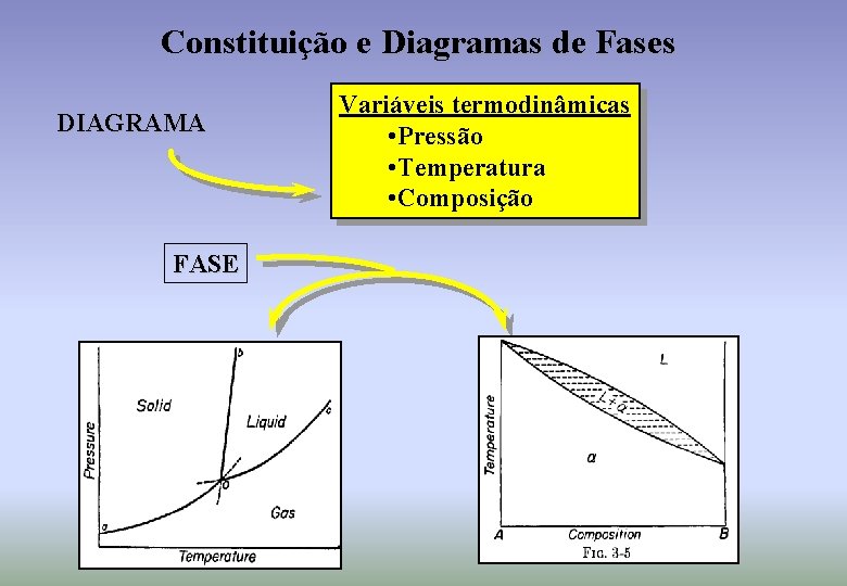 Constituição e Diagramas de Fases DIAGRAMA FASE Variáveis termodinâmicas • Pressão • Temperatura •