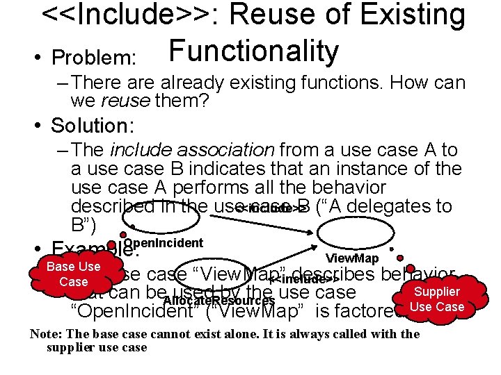 <<Include>>: Reuse of Existing • Problem: Functionality – There already existing functions. How can <<Include>>: Reuse of Existing • Problem: Functionality – There already existing functions. How can