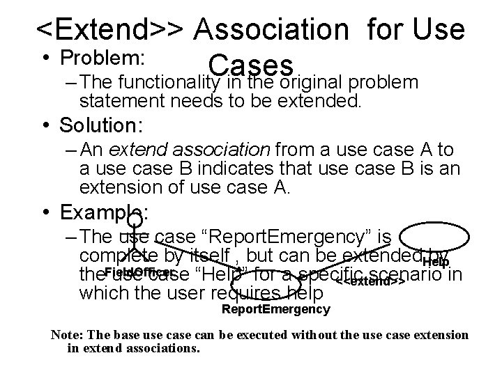 <Extend>> Association for Use • Problem: Cases – The functionality in the original problem <Extend>> Association for Use • Problem: Cases – The functionality in the original problem