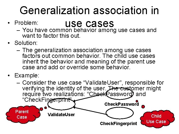 • Generalization association in Problem: use cases – You have common behavior among • Generalization association in Problem: use cases – You have common behavior among