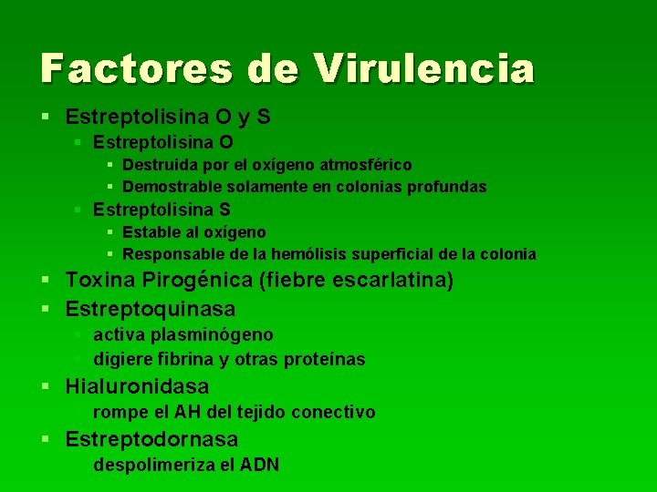 Factores de Virulencia § Estreptolisina O y S § Estreptolisina O § Destruida por