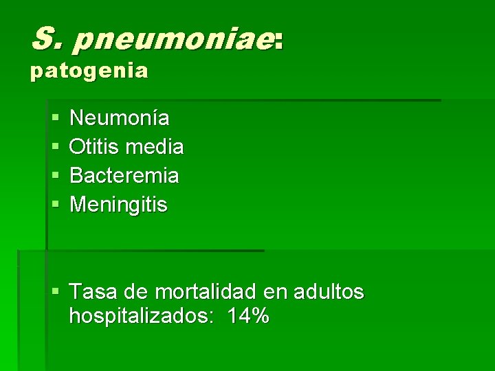 S. pneumoniae: patogenia § § Neumonía Otitis media Bacteremia Meningitis § Tasa de mortalidad