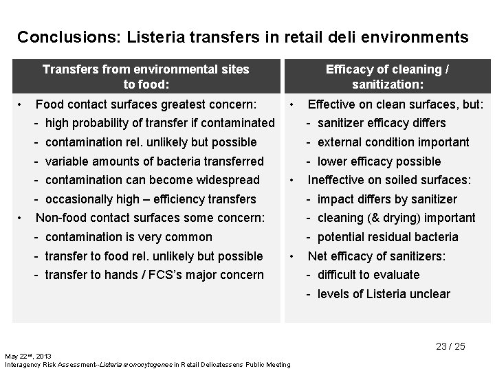 Conclusions: Listeria transfers in retail deli environments Transfers from environmental sites to food: •