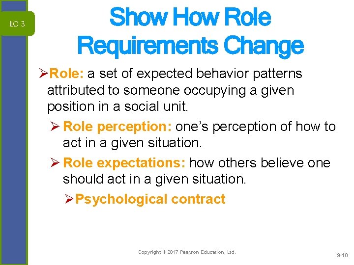 LO 3 Show How Role Requirements Change ØRole: a set of expected behavior patterns