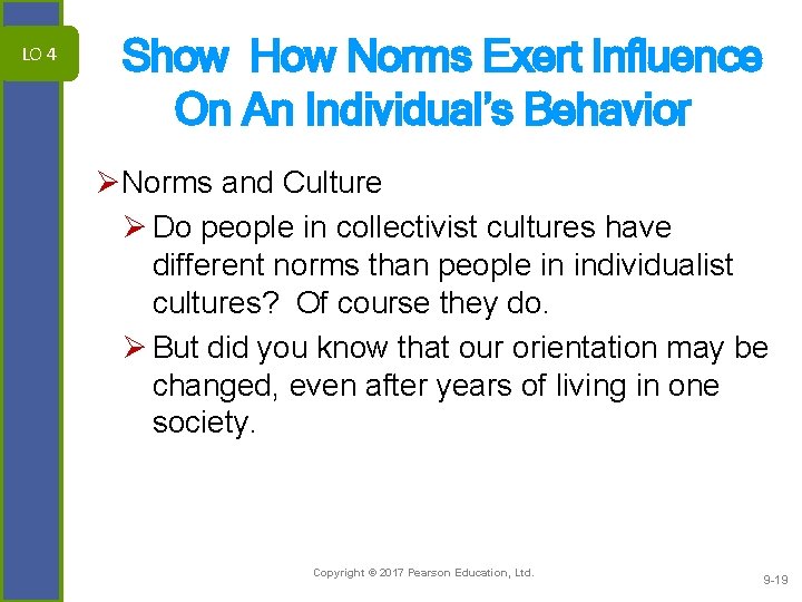 LO 4 Show How Norms Exert Influence On An Individual’s Behavior ØNorms and Culture