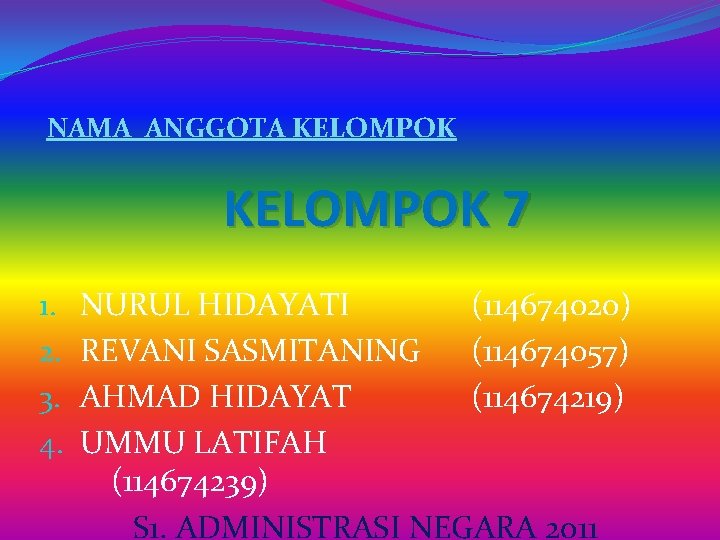 NAMA ANGGOTA KELOMPOK 7 1. 2. 3. 4. NURUL HIDAYATI (114674020) REVANI SASMITANING (114674057) NAMA ANGGOTA KELOMPOK 7 1. 2. 3. 4. NURUL HIDAYATI (114674020) REVANI SASMITANING (114674057)