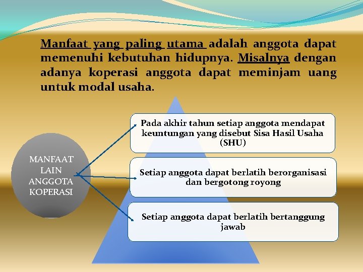Manfaat yang paling utama adalah anggota dapat memenuhi kebutuhan hidupnya. Misalnya dengan adanya koperasi Manfaat yang paling utama adalah anggota dapat memenuhi kebutuhan hidupnya. Misalnya dengan adanya koperasi