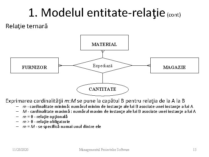 1. Modelul entitate-relaţie (cont) Relaţie ternară MATERIAL FURNIZOR Expediază MAGAZIE CANTITATE Exprimarea cardinalităţii m: