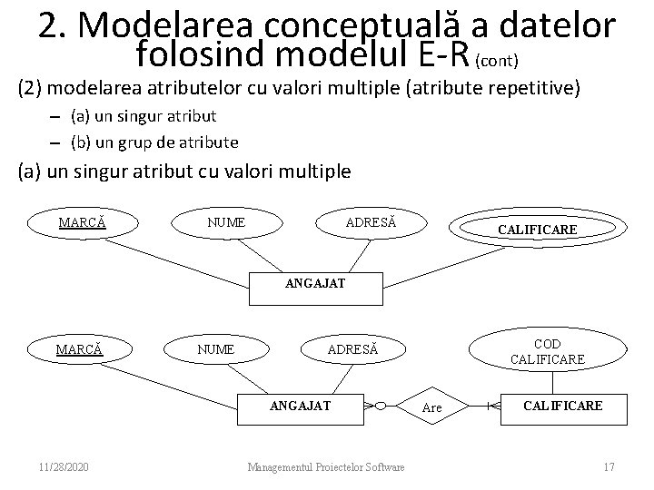 2. Modelarea conceptuală a datelor folosind modelul E-R (cont) (2) modelarea atributelor cu valori