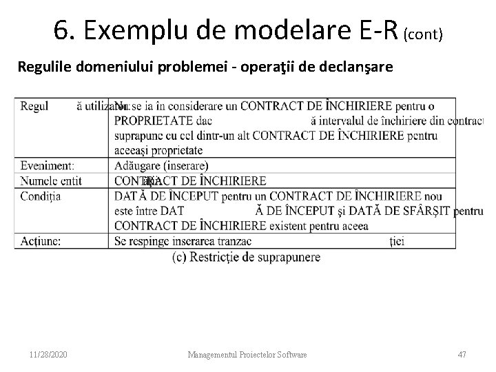6. Exemplu de modelare E-R (cont) Regulile domeniului problemei - operaţii de declanşare 11/28/2020