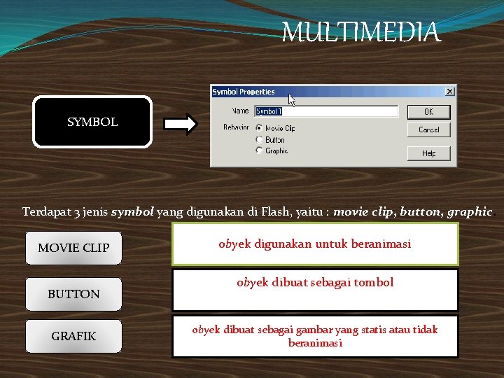 MULTIMEDIA SYMBOL Terdapat 3 jenis symbol yang digunakan di Flash, yaitu : movie clip,