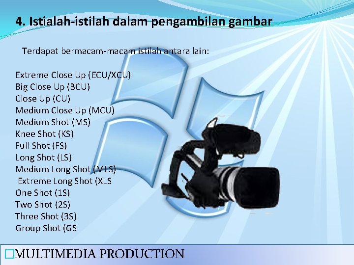 4. Istialah-istilah dalam pengambilan gambar Terdapat bermacam-macam istilah antara lain: Extreme Close Up (ECU/XCU)