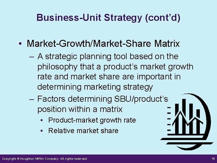 Business-Unit Strategy (cont’d) • Market-Growth/Market-Share Matrix – A strategic planning tool based on the