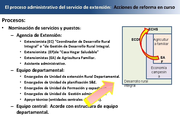 El proceso administrativo del servicio de extensión: Acciones de reforma en curso Procesos: •