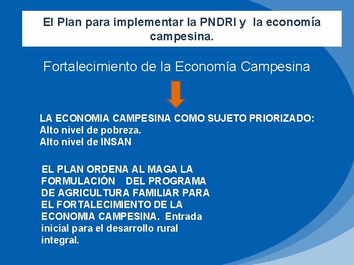 El Plan para implementar la PNDRI y la economía campesina. Fortalecimiento de la Economía