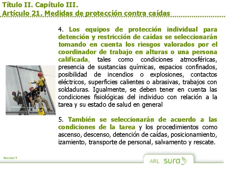 Título II. Capítulo III. Artículo 21. Medidas de protección contra caídas 4. Los equipos