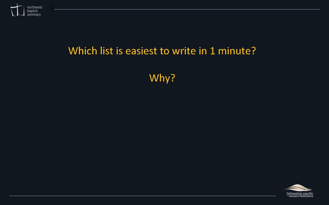 Which list is easiest to write in 1 minute? Why? 