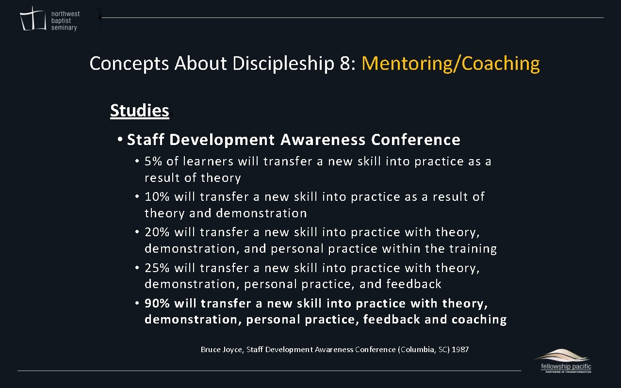 Concepts About Discipleship 8: Mentoring/Coaching Studiess • Staff Development Awareness Conference • 5% of