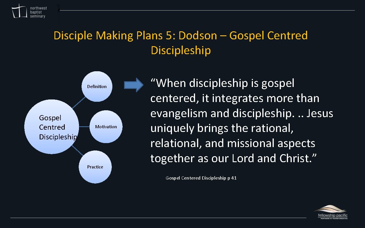 Disciple Making Plans 5: Dodson – Gospel Centred Discipleship Definition Gospel Centred Discipleship Motivation