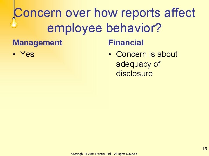 Concern over how reports affect employee behavior? Management • Yes Financial • Concern is