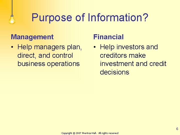 Purpose of Information? Management • Help managers plan, direct, and control business operations Financial