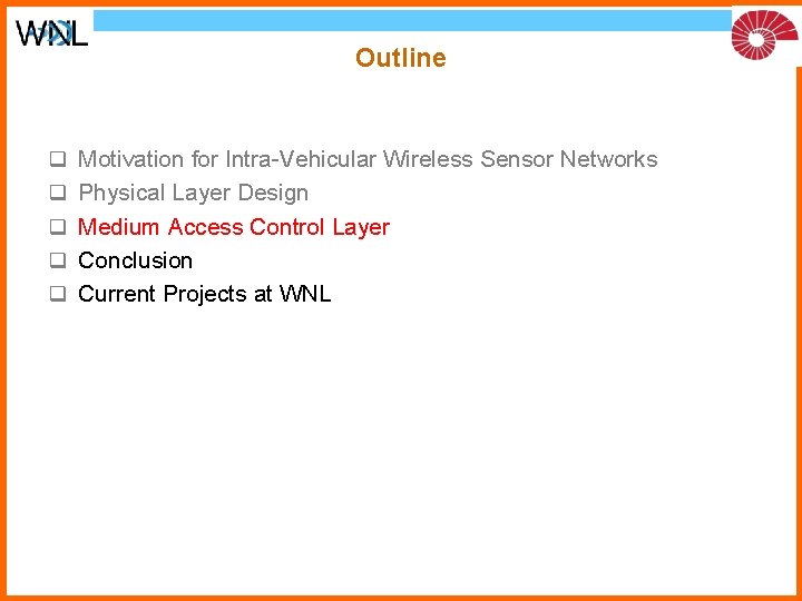 Outline q q q Motivation for Intra-Vehicular Wireless Sensor Networks Physical Layer Design Medium Outline q q q Motivation for Intra-Vehicular Wireless Sensor Networks Physical Layer Design Medium