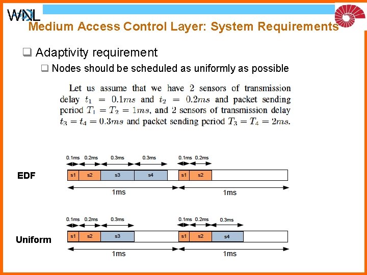 Medium Access Control Layer: System Requirements q Adaptivity requirement q Nodes should be scheduled