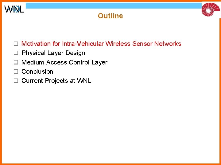 Outline q q q Motivation for Intra-Vehicular Wireless Sensor Networks Physical Layer Design Medium