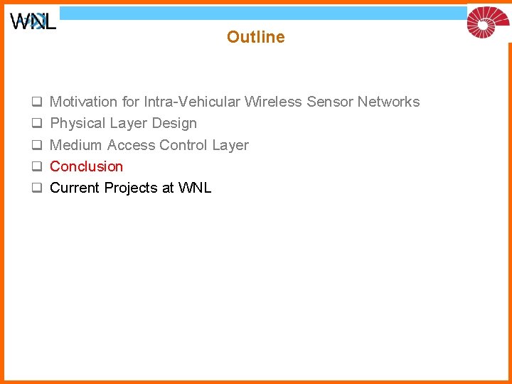 Outline q q q Motivation for Intra-Vehicular Wireless Sensor Networks Physical Layer Design Medium Outline q q q Motivation for Intra-Vehicular Wireless Sensor Networks Physical Layer Design Medium