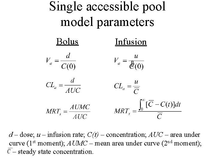 Single accessible pool model parameters Bolus Infusion d – dose; u – infusion rate;