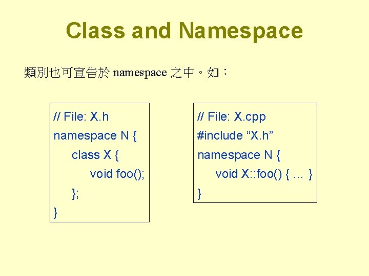 Class and Namespace 類別也可宣告於 namespace 之中。如： // File: X. h // File: X. cpp