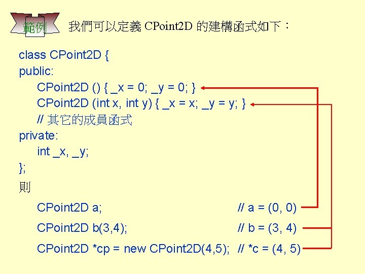 範例 我們可以定義 CPoint 2 D 的建構函式如下： class CPoint 2 D { public: CPoint 2