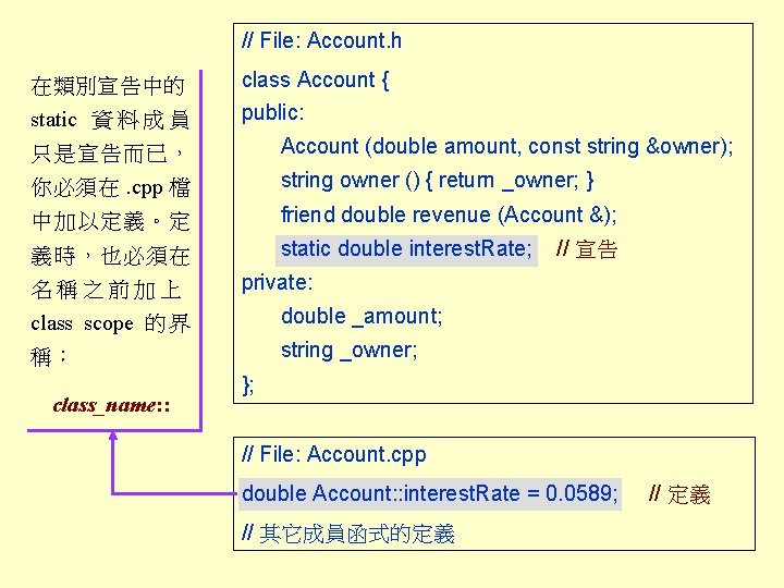 // File: Account. h 在類別宣告中的 static 資 料 成 員 class Account { public: