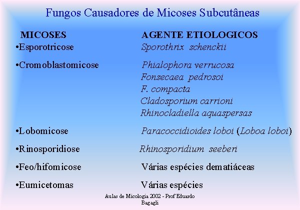 Fungos Causadores de Micoses Subcutâneas MICOSES • Esporotricose AGENTE ETIOLOGICOS Sporothrix schenckii • Cromoblastomicose