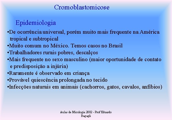 Cromoblastomicose Epidemiologia • De ocorrência universal, porém muito mais frequente na América tropical e