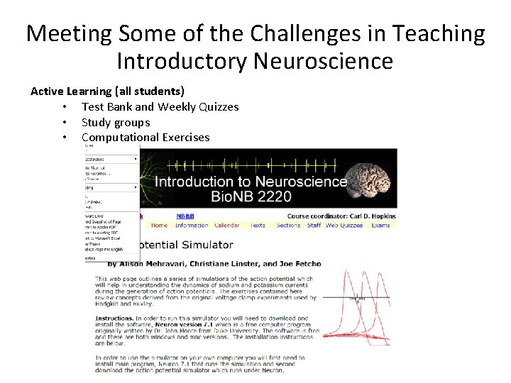 Meeting Some of the Challenges in Teaching Introductory Neuroscience Active Learning (all students) •