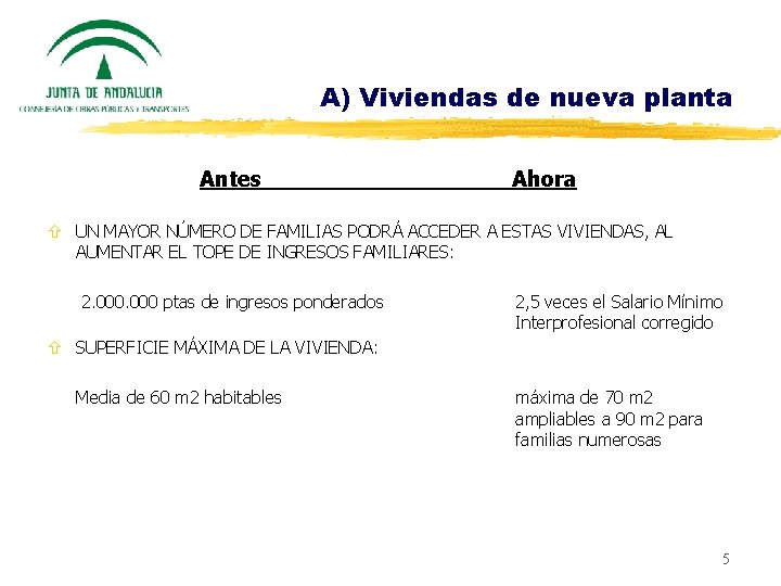 A) Viviendas de nueva planta Antes Ahora ñ UN MAYOR NÚMERO DE FAMILIAS PODRÁ
