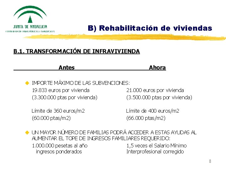 B) Rehabilitación de viviendas B. 1. TRANSFORMACIÓN DE INFRAVIVIENDA Antes Ahora u IMPORTE MÁXIMO