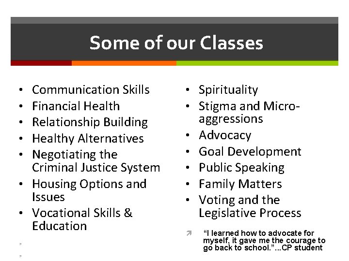 Some of our Classes Communication Skills Financial Health Relationship Building Healthy Alternatives Negotiating the