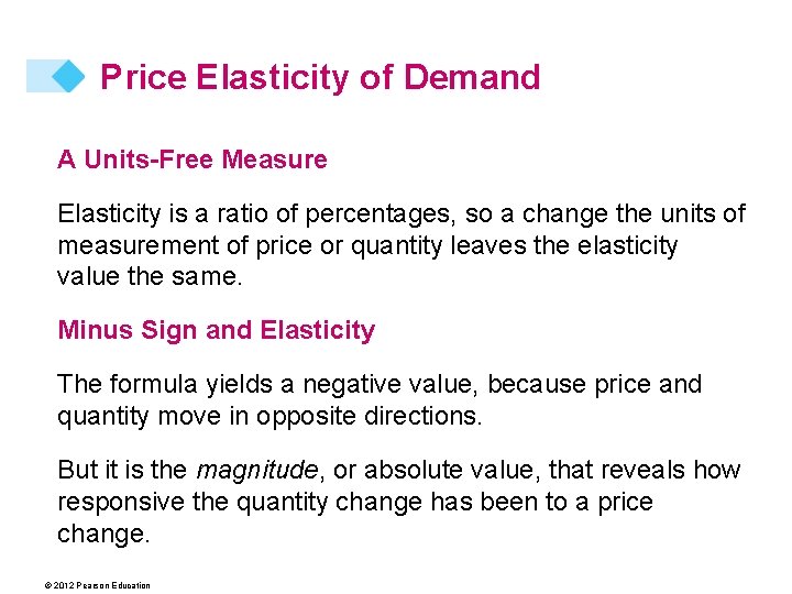 Price Elasticity of Demand A Units-Free Measure Elasticity is a ratio of percentages, so