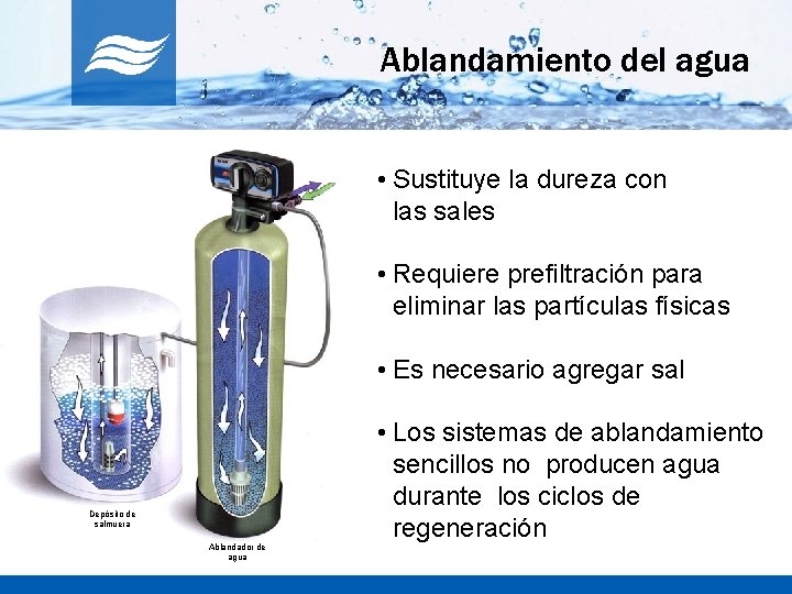 Ablandamiento del agua • Sustituye la dureza con las sales • Requiere prefiltración para