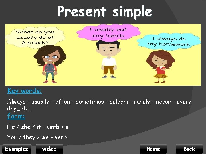 Present simple Key words: Always – usually – often – sometimes – seldom –