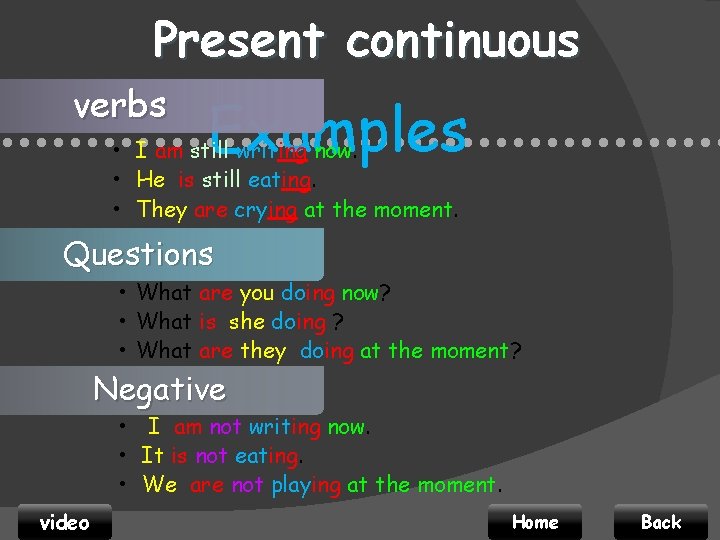 Present continuous verbs Examples • I am still writing now. • • • •