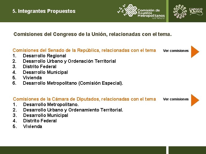 5. Integrantes Propuestos Comisiones del Congreso de la Unión, relacionadas con el tema. Comisiones