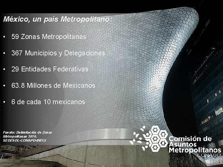 México, un país Metropolitano: • 59 Zonas Metropolitanas • 367 Municipios y Delegaciones •