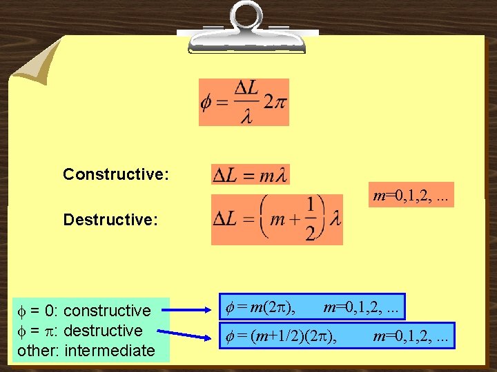 Constructive: m=0, 1, 2, . . . Destructive: f = 0: constructive f =