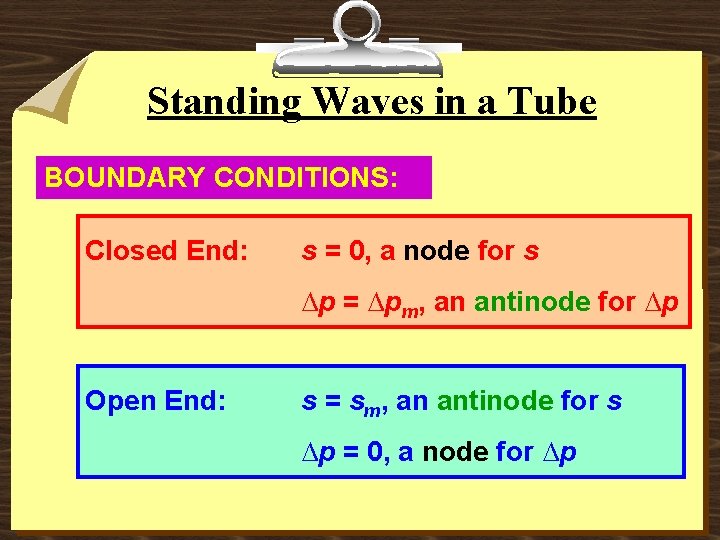Standing Waves in a Tube BOUNDARY CONDITIONS: Closed End: s = 0, a node